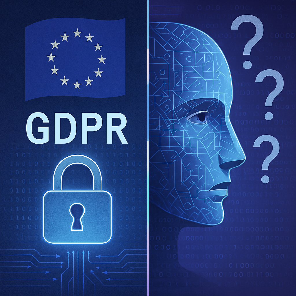 A split-screen illustration showing the EU flag and GDPR lock on one side and an AI wireframe face with question marks and algorithmic code on the other