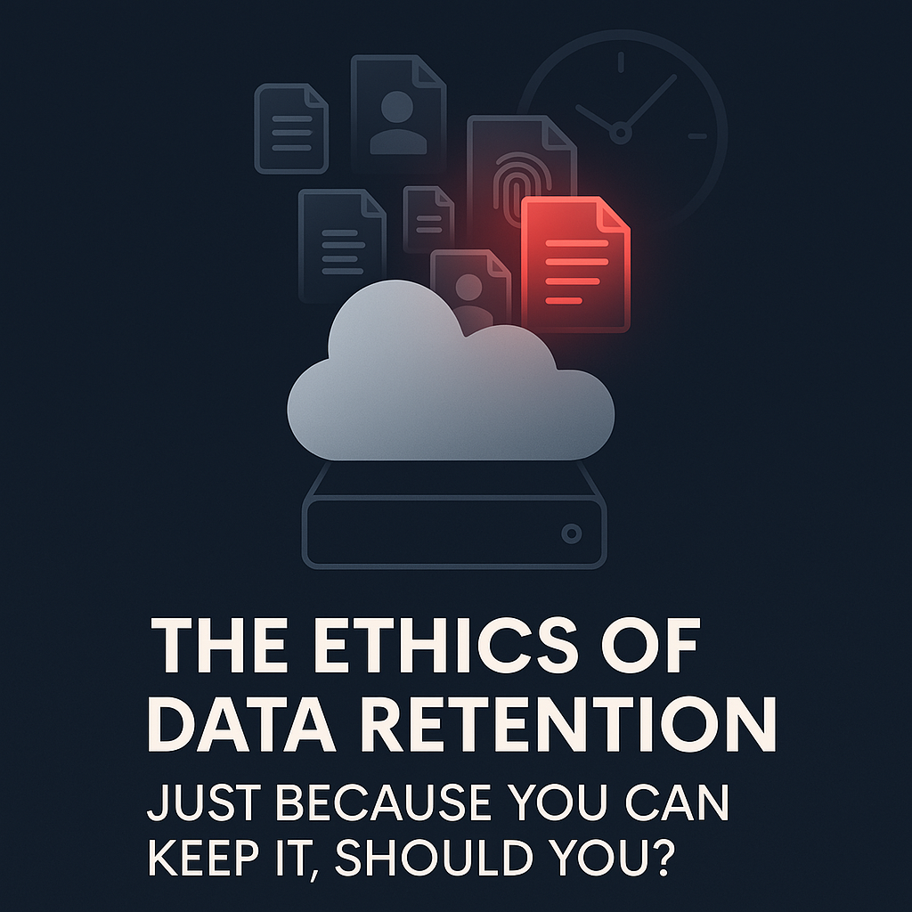 Digital illustration of a cloud and hard drive overflowing with glowing red file icons and a subtle clock in the background, symbolizing the risks of long-term data retention
