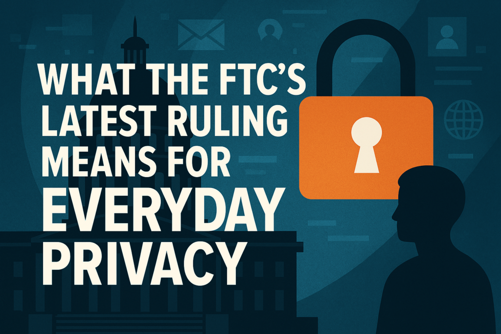 A government building with a digital backdrop, a large orange padlock, and the title “FTC Ruling on Privacy” in bold white text